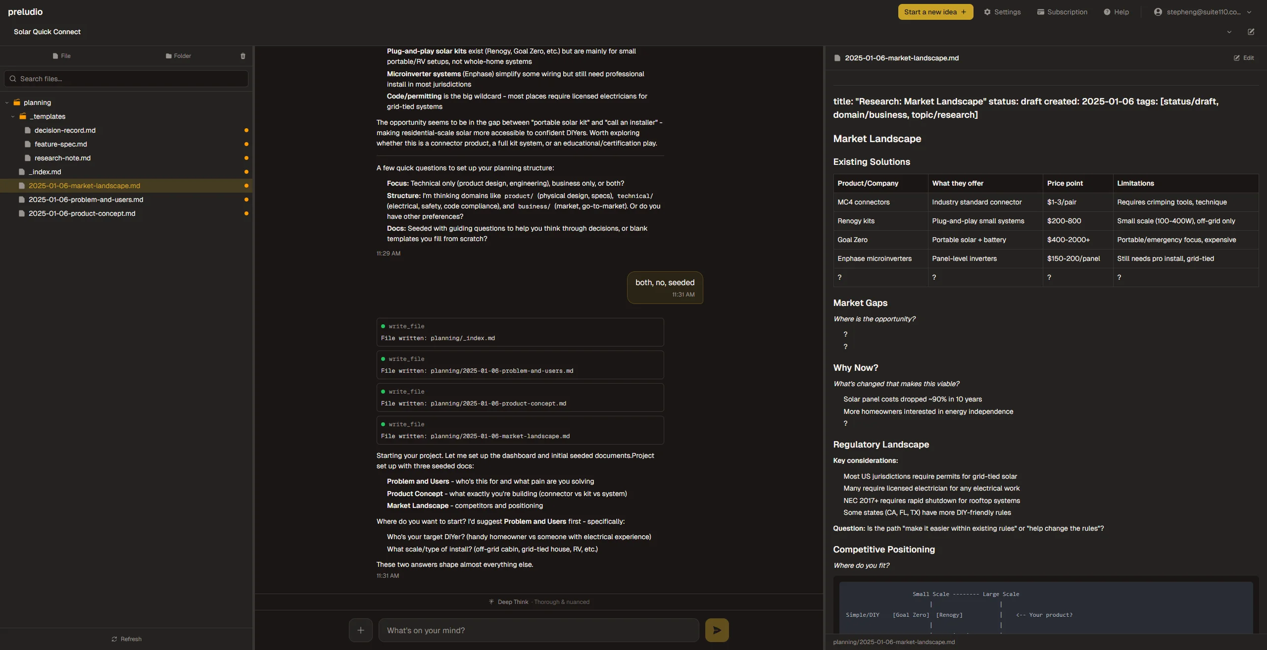 Preludio desktop interface showing conversation and document panel